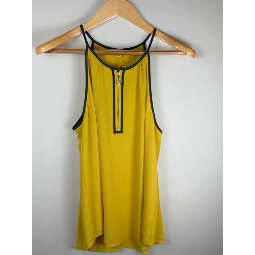 Naked Zebra Yellow Zip Front Sleeveless Top Large High Neck Tank